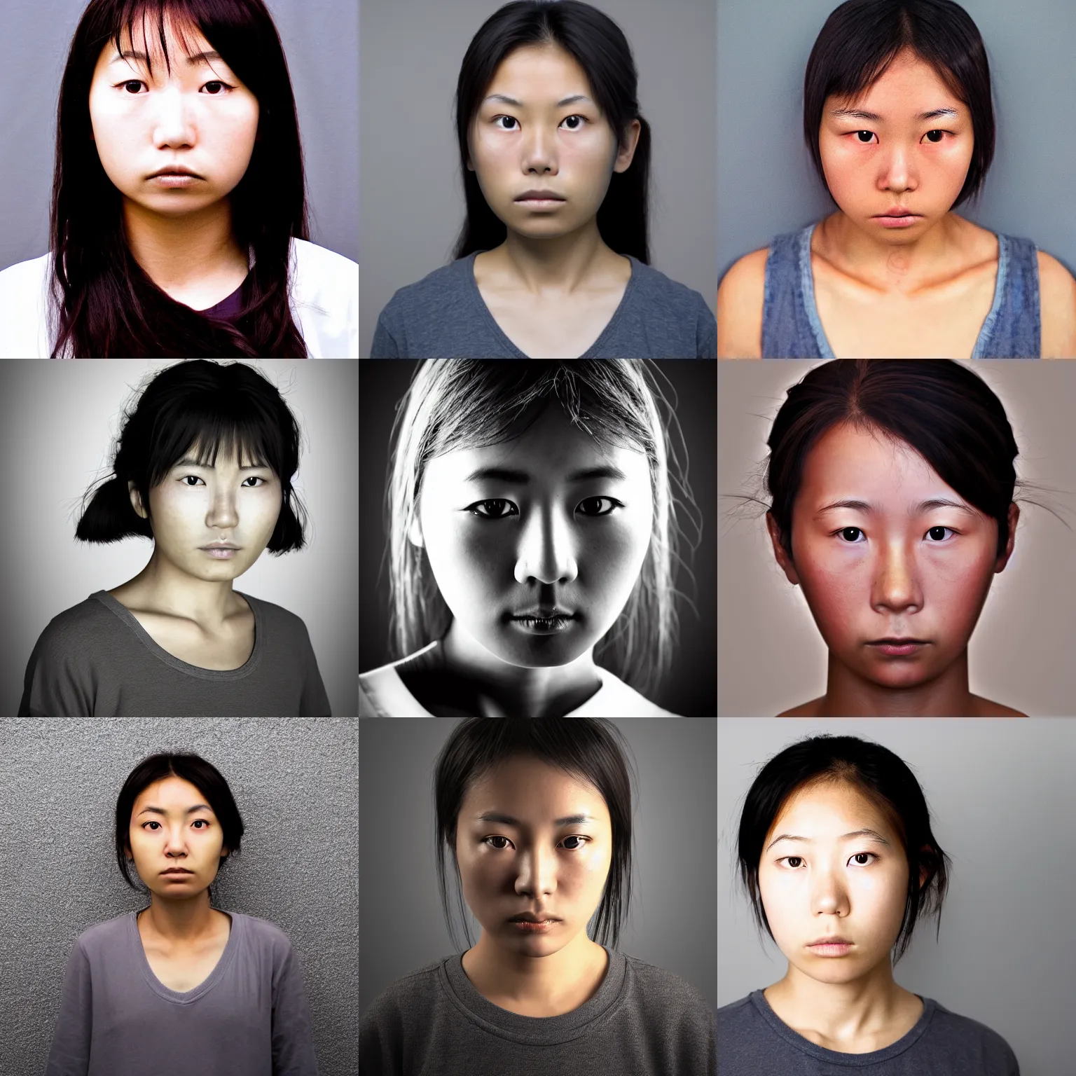 Prompt: front view mug shot of a young japanese female, digital photography, soft lighting, no background