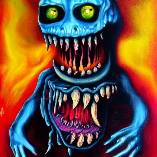 Prompt: small monster in the style of scary stuffs, oil painting, on board, hypercolor