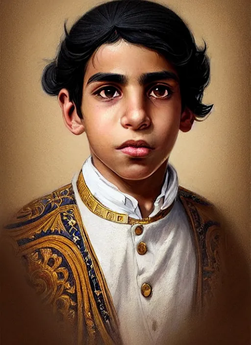 Image similar to a portrait of an egyptian boy with a crooked nose in victorian clothing, confident pose, intricate, elegant, sharp focus, illustration, highly detailed, concept art, matte, trending on artstation, anime, art by james jean and artgerm and brian despain and alberto mielgo, greg rutkowski, wlop, ilya kuvshinov, strong strokes