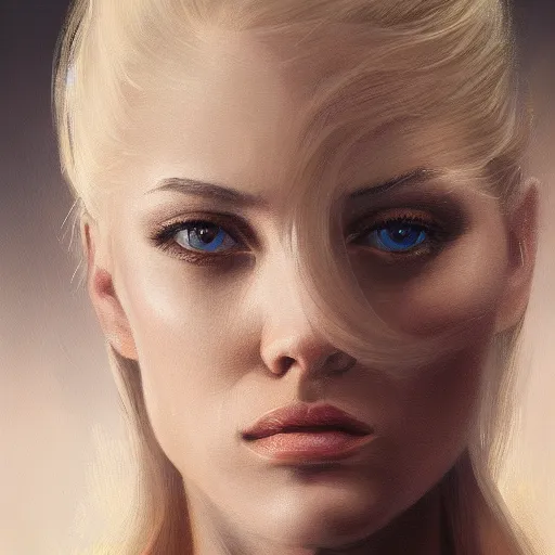 Image similar to a portrait of a blonde woman with strong features, dramatic lighting, oil painting, pale colors, high detail, 8 k, wide angle, trending on artstation,