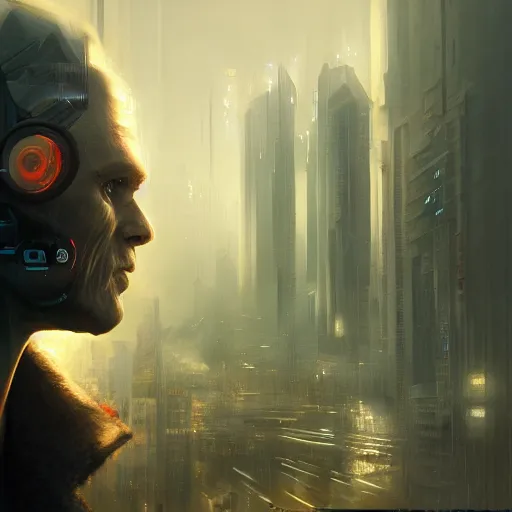 Prompt: closeup portrait of william dafoe, cyberpunk, ex military guy, city background, dramatic light, gorgeous view, depth, high detail, digital art, painted by greg rutkowski and seb mckinnon, neuromancer, trending on artstation