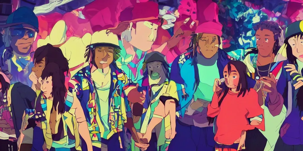 Image similar to colourful - gangster - chiefkeef , cinema lighting , Music video , in the style of studio Ghibli,