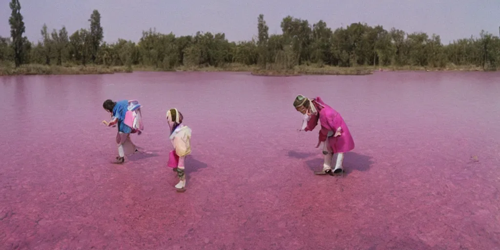 Image similar to 3 5 mm photography of kids wearing a codex seraphinianus costume in a pink lake h 1 2 0 0