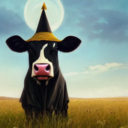 Prompt: a detailed tarot card of a cow standing in a grassy field wearing a witch hat, cow wearing hat!!! viewed in profile and far away, fog in the background, ultrawide lens, aerial photography, black and blue color scheme with gold highlights, art by greg rutkowski and alphonse mucha, artstation, 8 k