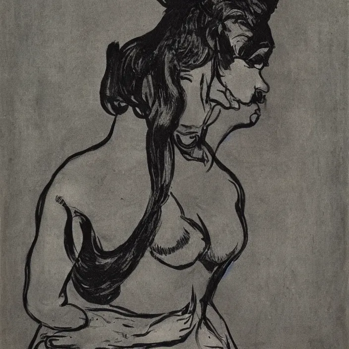 Image similar to portrait of a panther woman. henri de toulouse - lautrec, aubrey beardsley