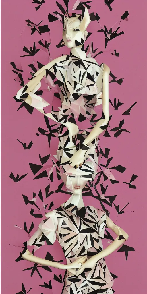 Image similar to portrait of a beautiful ceramic female tiger model wearing sakura and peach ( ( origami themed paper flower ) ) and metallic shapes haute couture by issey miyake