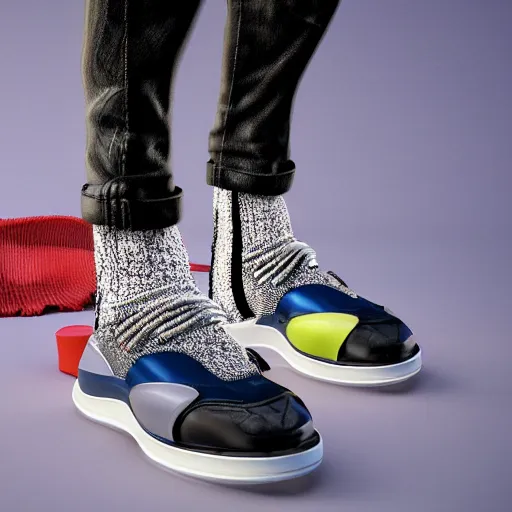 Image similar to futuristic balenciaga and vetements sneakers by maison margiela fusion ultra rendered extreme realism and detail, 8 k, highly detailed, realistic, completely framed, pbr, surreal, hyper realistic, colorful, direct lighting, 3 5 mm photo, photorealistic, sharp focus,