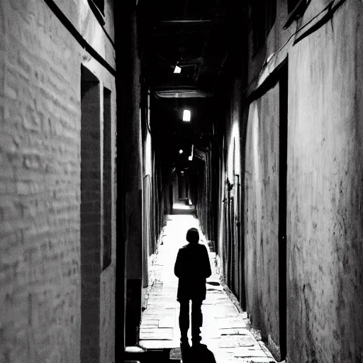 Image similar to a gloomy alley, a man stands in the darkness but the white of his eyes can be seen, dark, gloomy, skeptical