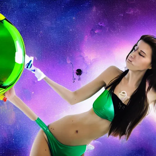 Image similar to 4 k photo of girl in bikini flying in space and smoke green bong, background in space