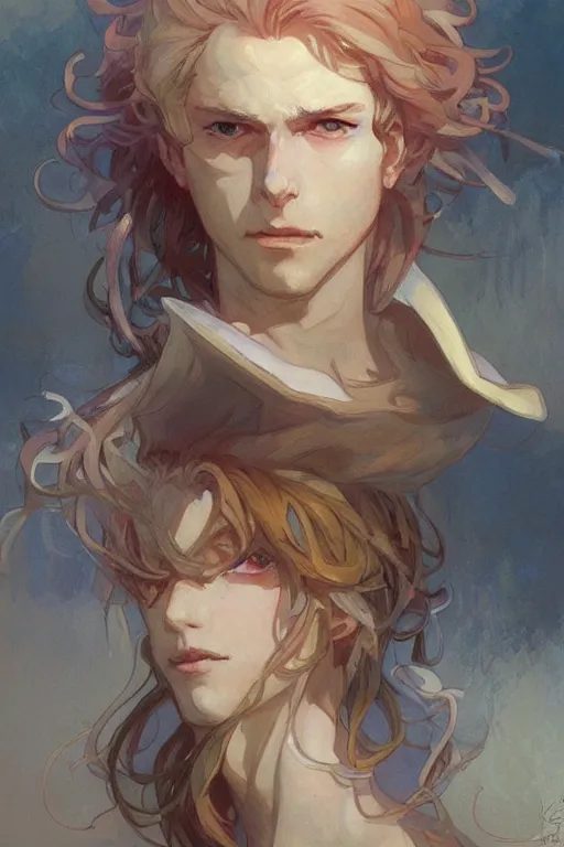 Prompt: enjolras from les miserables, ray of light, shimmering and prismatic, rococo, by krenz cushart and mucha and monet, trending on artstation.