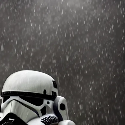 Image similar to clone trooper screaming to the sky, fine details, heavy rain, 8 k, shallow depth of field, moody lighting, cinematic lighting,