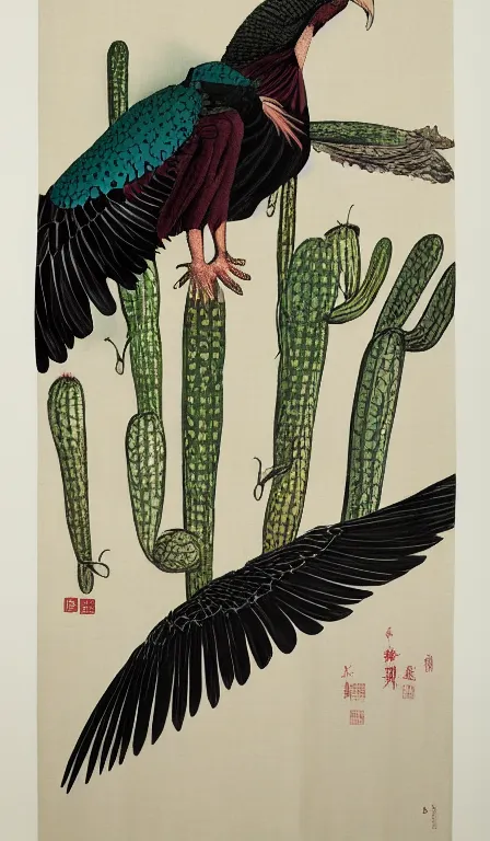 Prompt: wide shot of turkey vulture sitting on cactus by Shen Quan, hanging scroll, ink and colours on silk