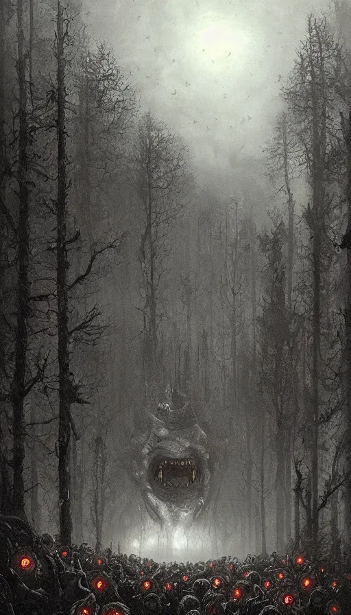 Prompt: a storm vortex made of many demonic eyes and teeth over a forest, by jakub rozalski