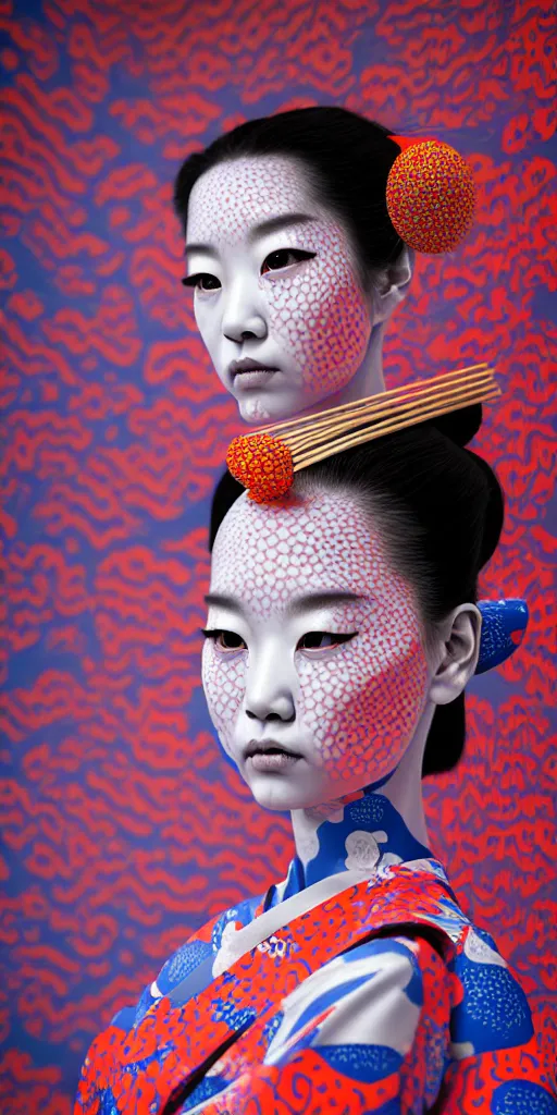 Image similar to hyperrealistic detailed image of a geisha in a art installation room, hd smooth interior by yayoi kusama, part by kei mieno, part by ross tran, dark art by james jean, ultra realistic, highly detailed, life like face, detailed body, 8 k, 3 d render by roger magrini, masterpiece