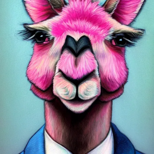 Prompt: detailed portrait painting of a pink alpaca wearing a suit, manga, trending on artstation, by Hayao Miyazaki, beautiful, colorful