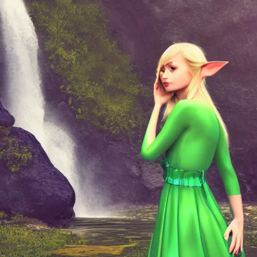 Image similar to beautiful young blonde-haired elf woman tucking her hair behind her ear and wearing a green dress in front of a waterfall, very very very beautiful, trending on artstation, 4k