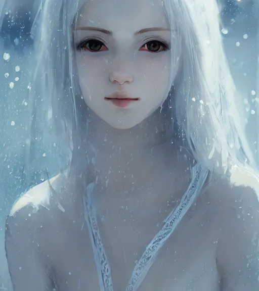 Image similar to Portrait of a white haired anime girl wearing a wet white lace nightgown, intricate, highly detailed, smooth, close-up, artstation, digital illustration by Ruan Jia