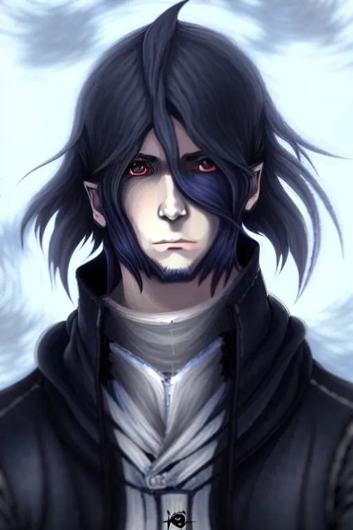 Image similar to anime portrait of a handsome man, dark long hair, wearing bloodborne clothes, ilya kuvshinov, anime, pixiv top monthly, trending on artstation, cinematic, danbooru, zerochan art, kyoto animation