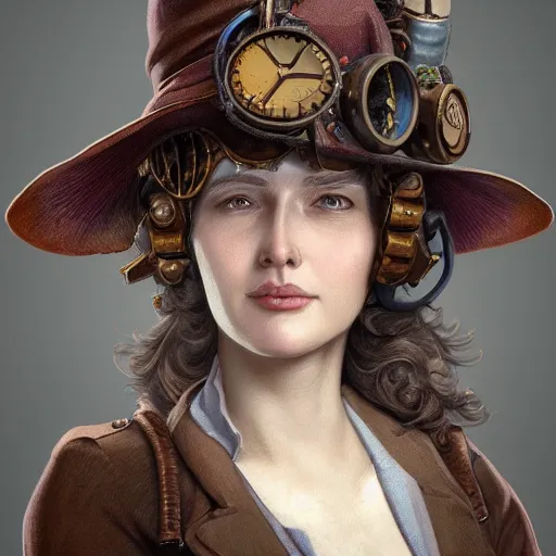 Image similar to Three quarters portrait of a steampunk grannie, poofy hat, goggles, highly detailed, digital painting, art by Stanley Lau and Artgerm and magali villeneuve and Alphonse Mucha, artstation, octane render, cgsociety