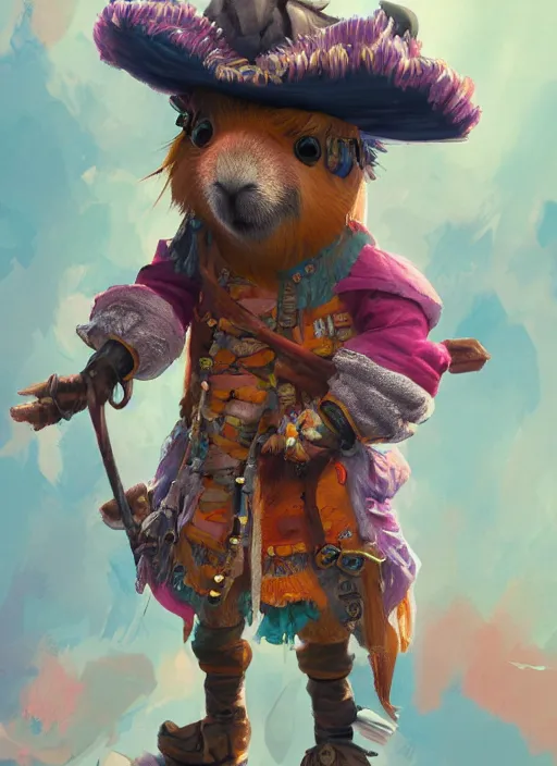 Image similar to detailed full body concept art illustration colorful pastel painting of an anthropomorphic capybara pirate in full intricate clothing, biomutant, ultra detailed, digital art, octane render, 4K