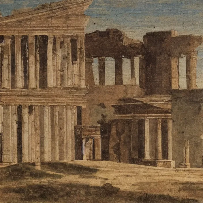 Image similar to a building in a serene landscape, ancient roman painting