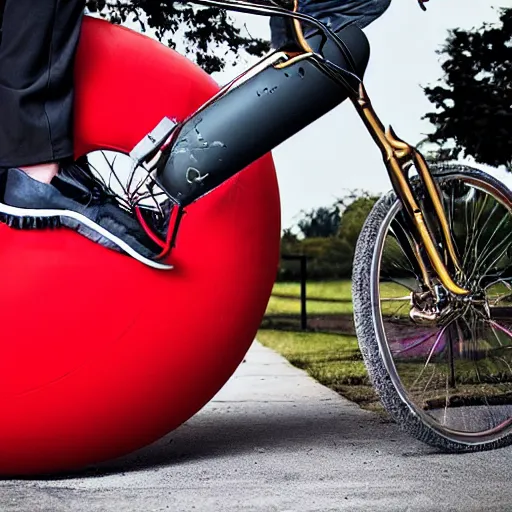 Image similar to “man with bicycle pump inflating a blimp, highly detailed, dramatic lighting”