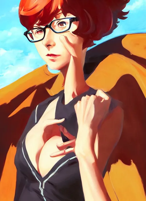 Image similar to Greg Manchess painting of Velma Dinkley in the style of Persona 5, anime style, winged eyelashes, countryside, calm, fantasy character portrait, dark outlines, dynamic pose, above view, sunny day, artwork by Makoto Shinkai, very coherent asymmetrical artwork, sharp edges, perfect face, simple form, 100mm