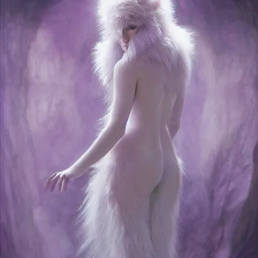 Image similar to a photo of a white fur monster standing in a purple room, diffuse lighting, fantasy, intricate, elegant, highly detailed, lifelike, photorealistic, digital painting, artstation, illustration, concept art, smooth, sharp focus, art by john collier and albert aublet and krenz cushart and artem demura and alphonse mucha