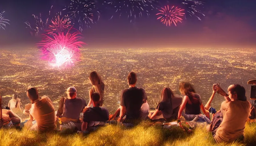 Prompt: people sitting on a hill watching fireworks above los angeles, hyperdetailed, artstation, cgsociety, 8 k