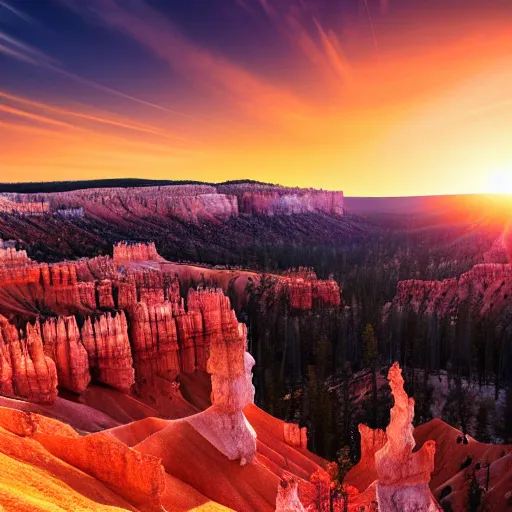 Prompt: sunset light landscape with bryce canyon, lots of sparkling details and sun ray ’ s, blinding backlight, smoke, volumetric lighting, colorful, octane, 3 5 mm, epic colored reflections, very colorful heavenly, softlight