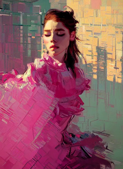 Image similar to portrait of a beautiful girl, eyes closed, open mouth, shades of pink, beautiful face, rule of thirds, intricate outfit, spotlight, by greg rutkowski, by jeremy mann, by francoise nielly, by van gogh, digital painting