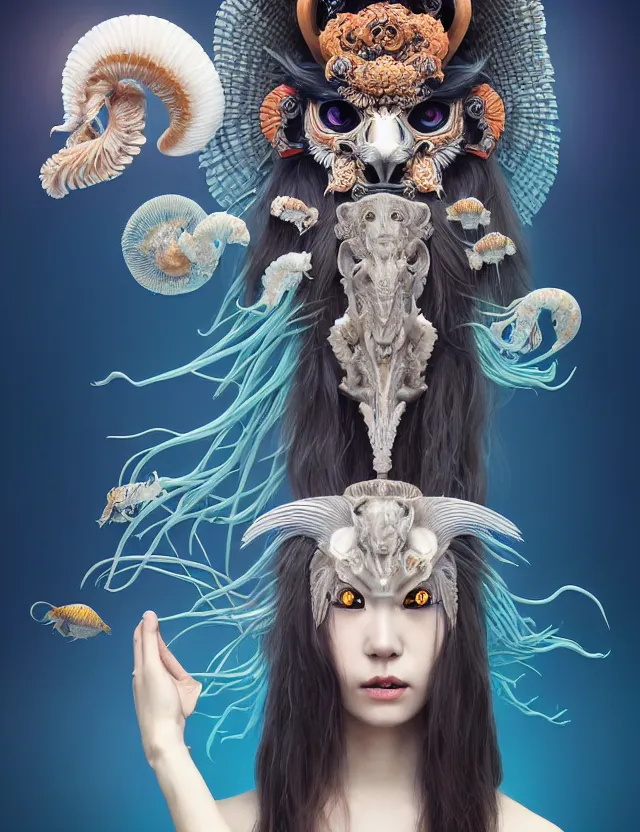 Image similar to 3 d goddess half - turn portrait with long hair with ram skull. beautiful intricately detailed japanese crow kitsune mask and clasical japanese kimono. betta fish, jellyfish phoenix, bio luminescent, plasma, ice, water, wind, creature, artwork by tooth wu and wlop and beeple and greg rutkowski