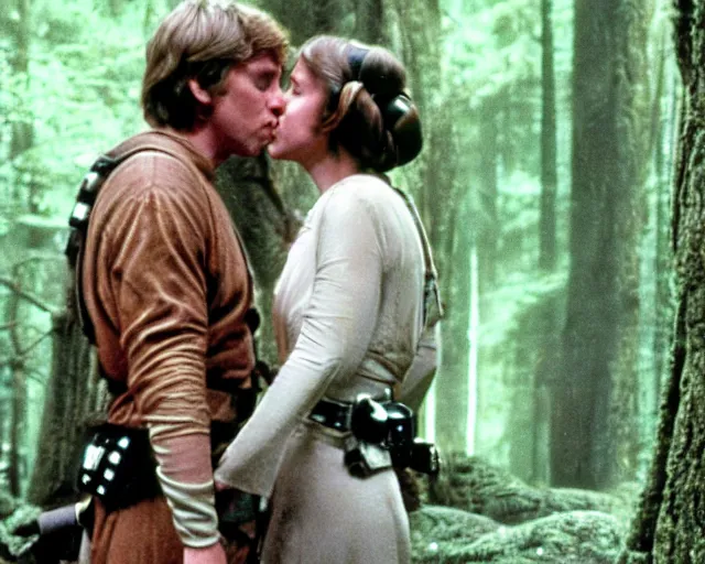 Image similar to luke skywalker, princess leia and han solo hugging and kissing in the forest of endor at the end of return of the jedi