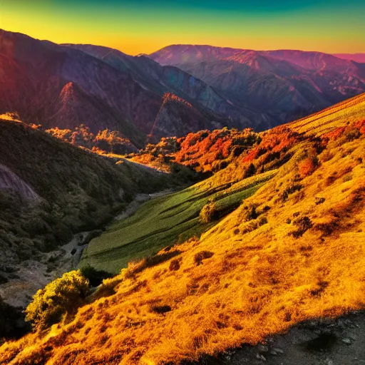 Prompt: award winning photo of a beautiful valley with the sun setting in the distance.