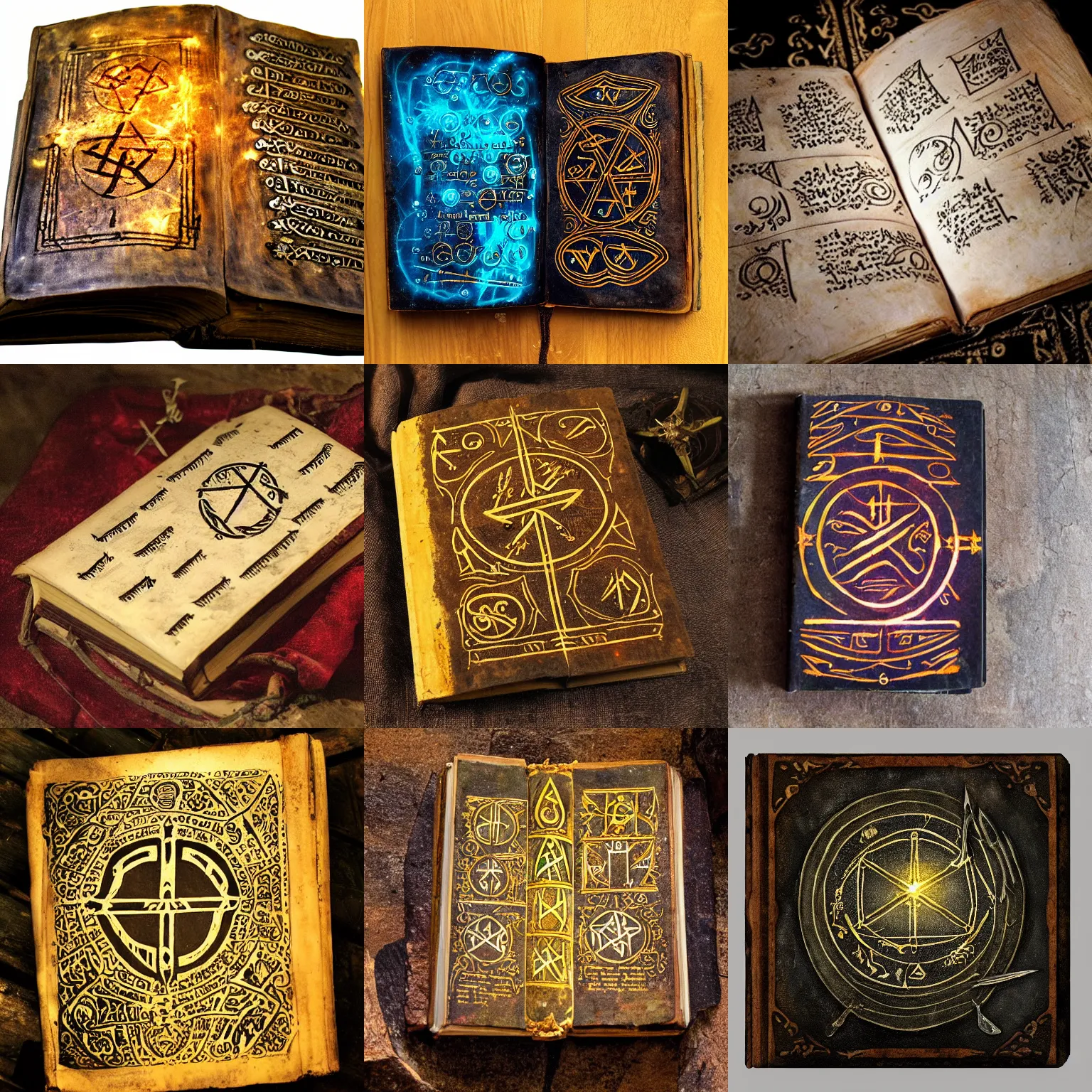 Prompt: ancient magic book, glowing runes