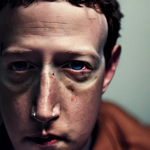 Prompt: angry zuckerberg with shotgun, extreme detail, studio light, photorealistic, gritty, movie still, cinematic, bruised face, soft focus, well edited, 8 k, atmospheric, dark, leather jacket