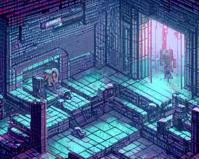 Image similar to interior of an underground maze within a large cyberpunk complex, girl waking up in bed in middle of room. pixelart, brutalism, volumetric lighting, 8 k, art by dan mumford, greg rutowski, johan grenier, wayne barlowe