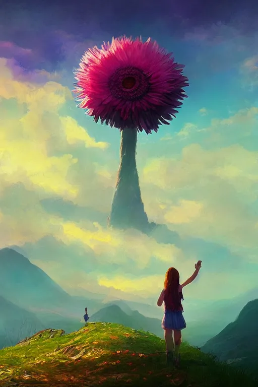 Image similar to giant daisy flower head, girl hiking in the mountains, surreal photography, sunrise, dramatic light, impressionist painting, colorful clouds, digital painting, artstation, simon stalenhag