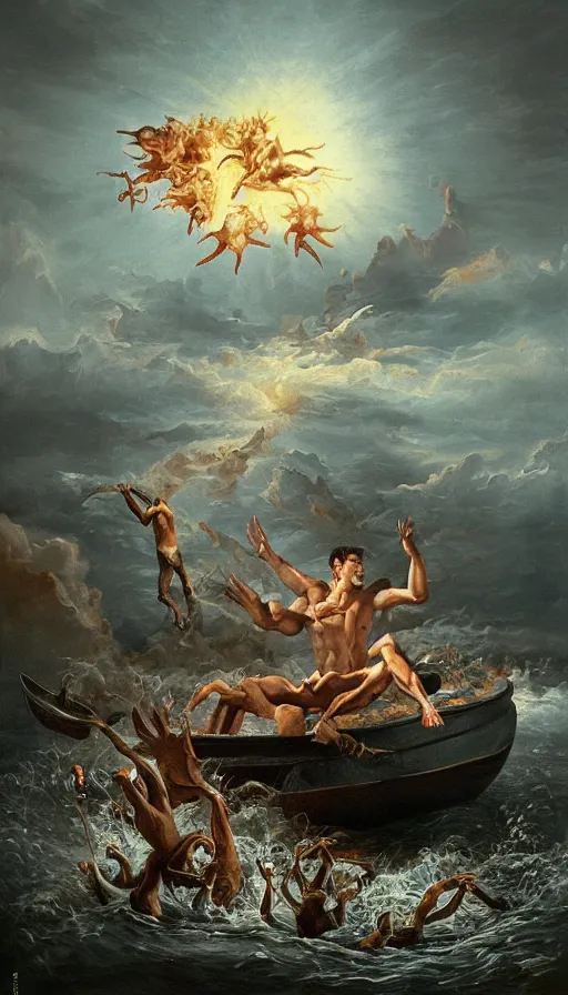 Prompt: man on boat crossing a body of water in hell with creatures in the water, sea of souls, by jason de graaf