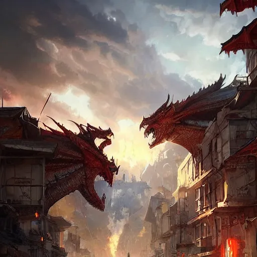 Prompt: dragon destroying a town, matte painting by greg rutkowski, artstation