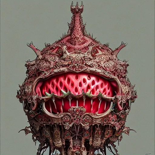 Image similar to strawberry corgi : by michal karcz, daniel merriam, victo ngai and guillermo del toro : ornate, dynamic, particulate, intricate, elegant, highly detailed, centered, artstation, smooth, sharp focus, octane render