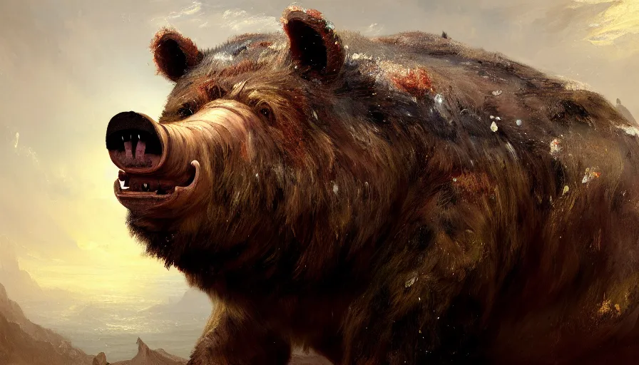 Image similar to highly detailed painting of a half bear half man pig creature by william turner, by greg rutkowski, by william constable, thick brush strokes and visible paint layers, 4 k resolution