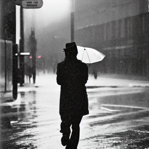 Image similar to a photograph of a man running down the street wearing a hat on a rainy day on expired kodak film, 3 5 mm, award - winning photograph, striking lighting, perfect composition