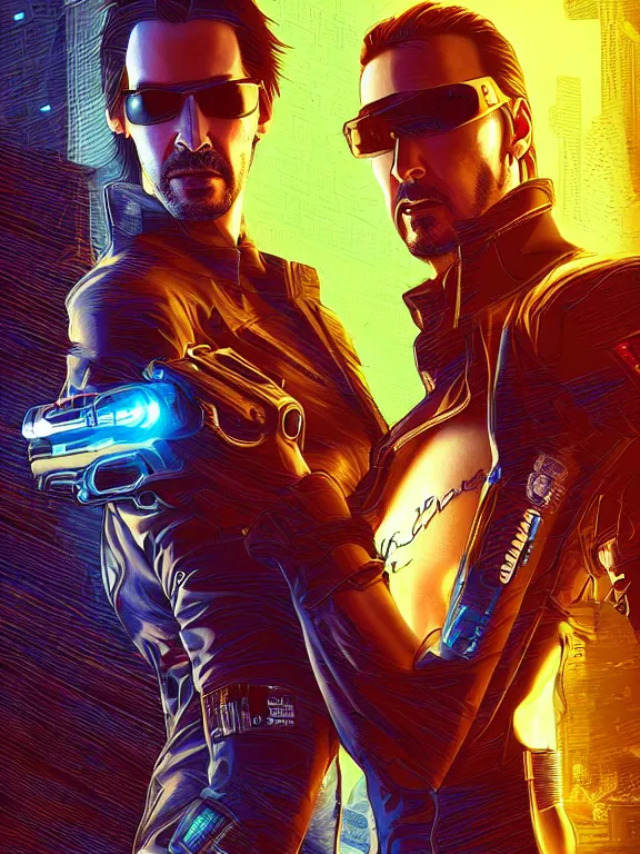 Prompt: a cyberpunk 2077 couple portrait of Keanu Reeves holding V ,love story,film lighting,by Greg Hildebrandt,William Morris,laurie greasley,Dan Mumford,trending on atrstation,FAN ART,full of color,Digital painting,face enhance,highly detailed,8K, octane,golden ratio,cinematic lighting