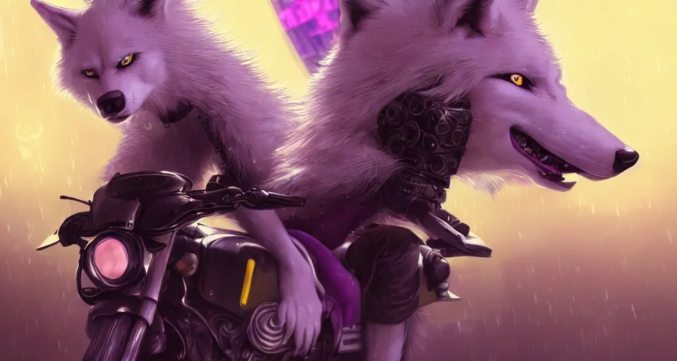 Image similar to wide angle award winning beautiful portrait commission of a male furry anthro albino wolf fursona with a tail and a cute beautiful attractive detailed furry face wearing stylish black, purple and yellow cyberpunk biker clothes riding a cybertech motorcycle in a cyberpunk city at night while it rains. Character design by charlie bowater, ross tran, artgerm, and makoto shinkai, detailed, inked, western comic book art