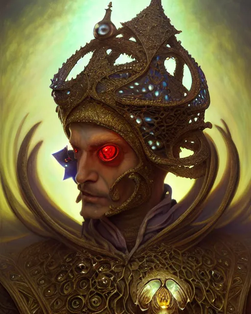 Image similar to front shot of a court jester character, hyperdimensional, bioluminescent hypercubes, ((intricate)), elegant, highly detailed, centered, (((artstation, concept art, smooth, sharp focus, artgerm, Tomasz Alen Kopera, Peter Mohrbacher, donato giancola, Joseph Christian Leyendecker, WLOP, Boris Vallejo))), mugshot!!!!!, ugly!!!!!!, octane render, nvidia raytracing demo, grainy, muted