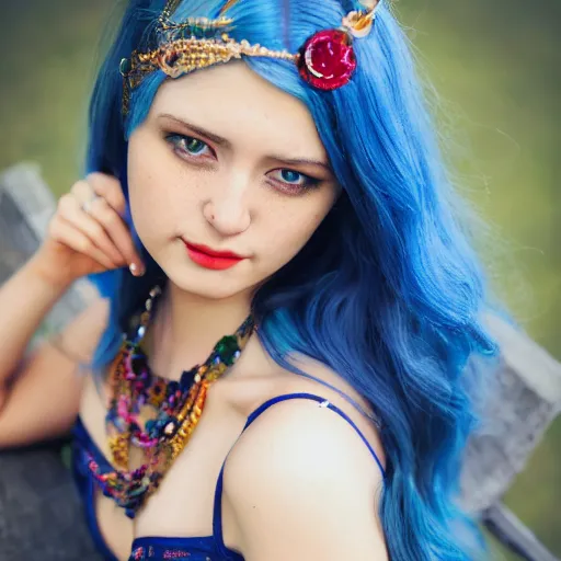 Image similar to dslr photo of a pretty young woman, full bodied portrait, with blue hair, sitting on a bench wearing a flower skirt, and body and wearing hemp sandals and a very detailed ruby necklace around neck, artgerm, artstation, very high quality face, intricate details, extremely high quality, moody lighting, real camera, real photo, 8 k, full subject in shot