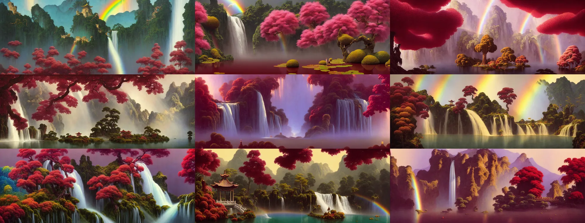 Prompt: a gorgeous painting by barlowe wayne, maxfield parrish and marco mazzoni. xanadu chinese temple on a platform that extends over a great waterfall, a huge tallest magnificent peach blossom tree glowing, maroon leaves, bridge, 3 d, octane render, lotus flower lake, waterfall. fog, just one rainbow. 8 k.