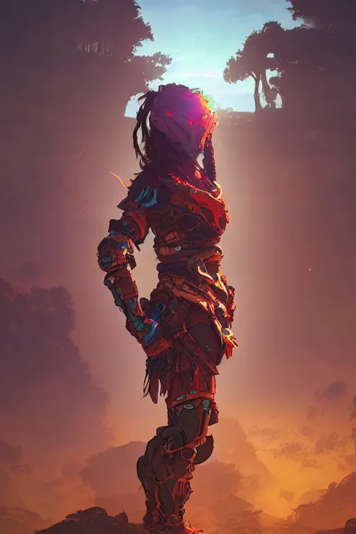 Image similar to combination suit armor aloy horizon forbidden west horizon zero dawn radiating a glowing aura global illumination ray tracing hdr fanart arstation by ian pesty and alena aenami artworks in 4 k tribal robot ninja mask helmet backpack