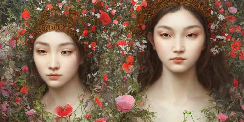 Prompt: breathtaking detailed concept art painting of the goddess of poppy flowers, orthodox saint, with anxious, piercing eyes, ornate background, amalgamation of leaves and flowers, by hsiao - ron cheng, extremely moody lighting, 8 k
